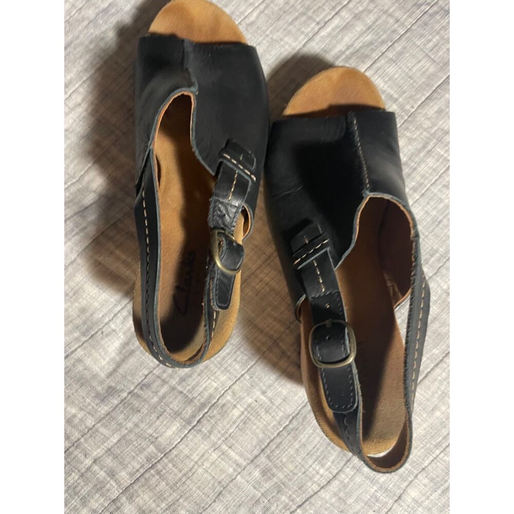 Clarks Elements Women's Leather Black Buckle Wedge Cork Heel Sandal Size 7M - Picture 12 of 13